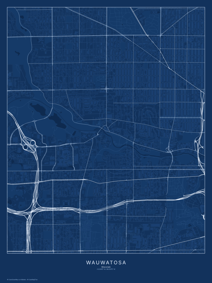 Wauwatosa map poster, blueprint style