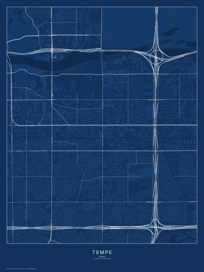 Tempe map poster, blueprint style
