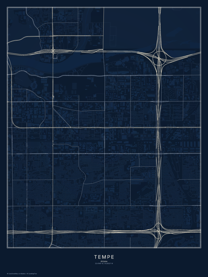 Tempe map poster, midnight style
