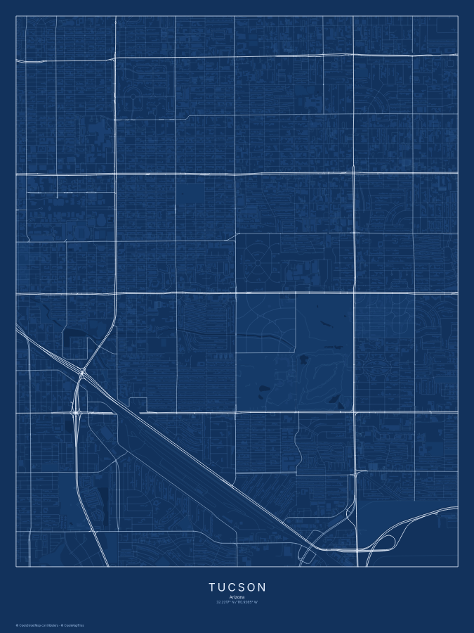 Tucson map poster, blueprint style