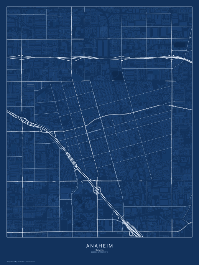 Anaheim map poster, blueprint style