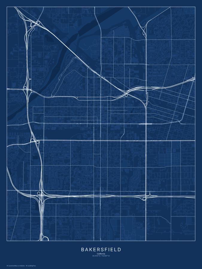 Bakersfield map poster, blueprint style