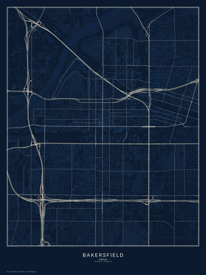 Bakersfield map poster, midnight style