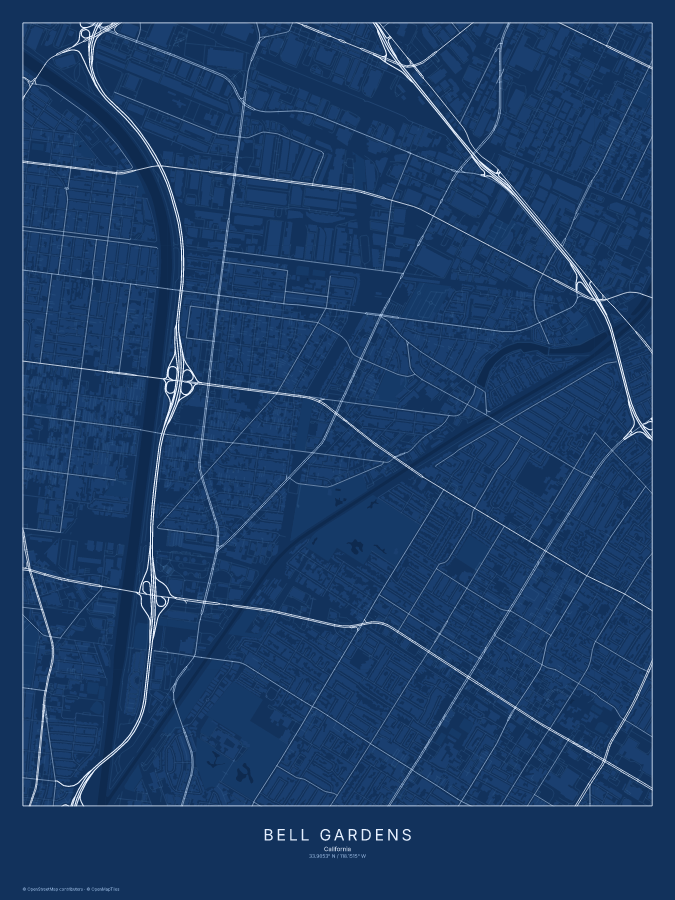 Bell Gardens map poster, blueprint style