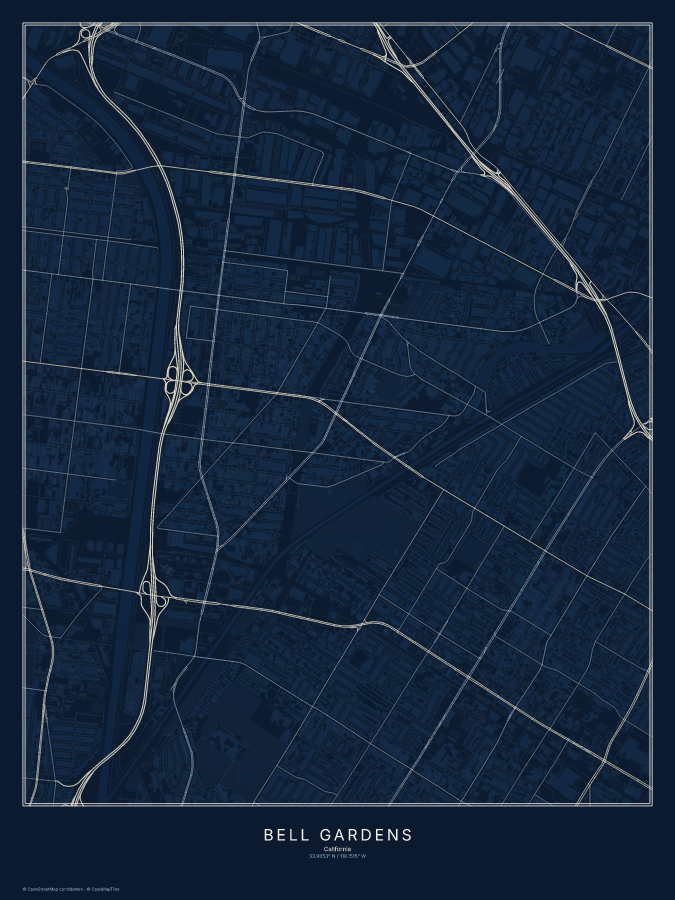 Bell Gardens map poster, midnight style