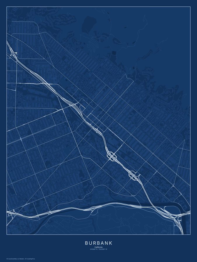 Burbank map poster, blueprint style