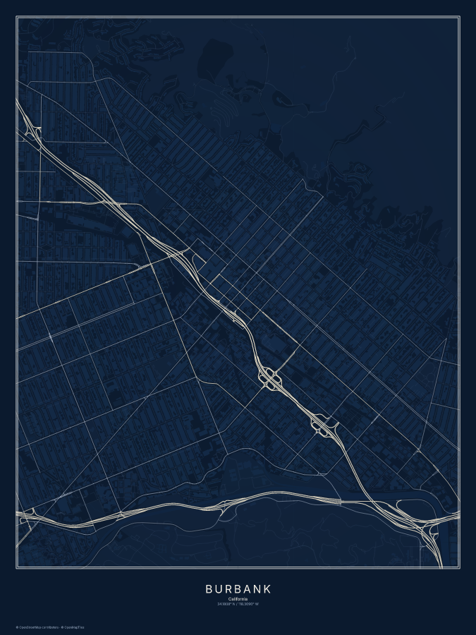Burbank map poster, midnight style