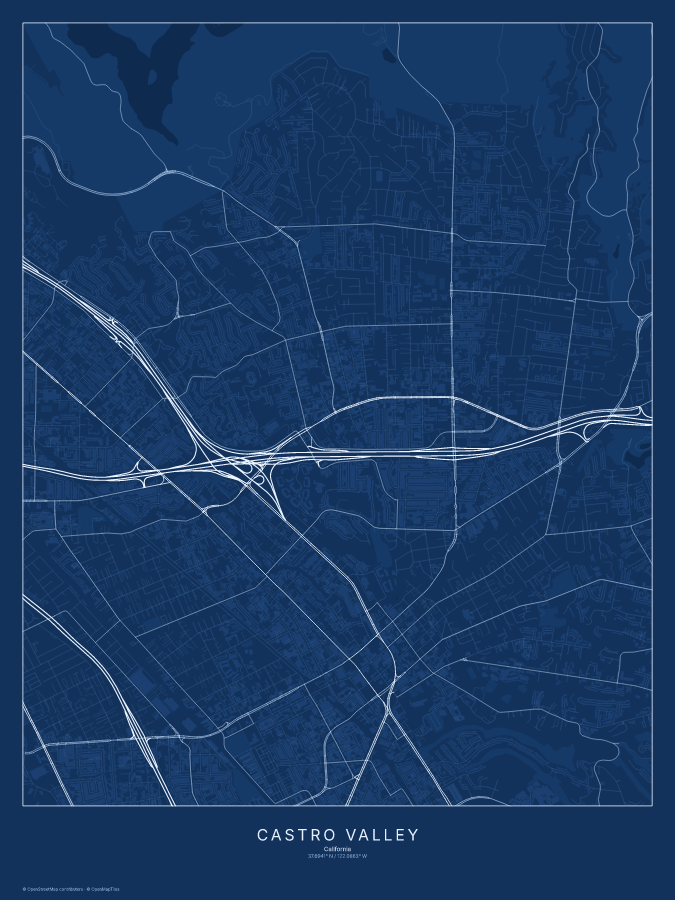 Castro Valley map poster, blueprint style