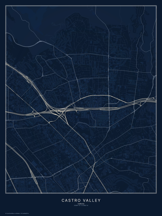 Castro Valley map poster, midnight style