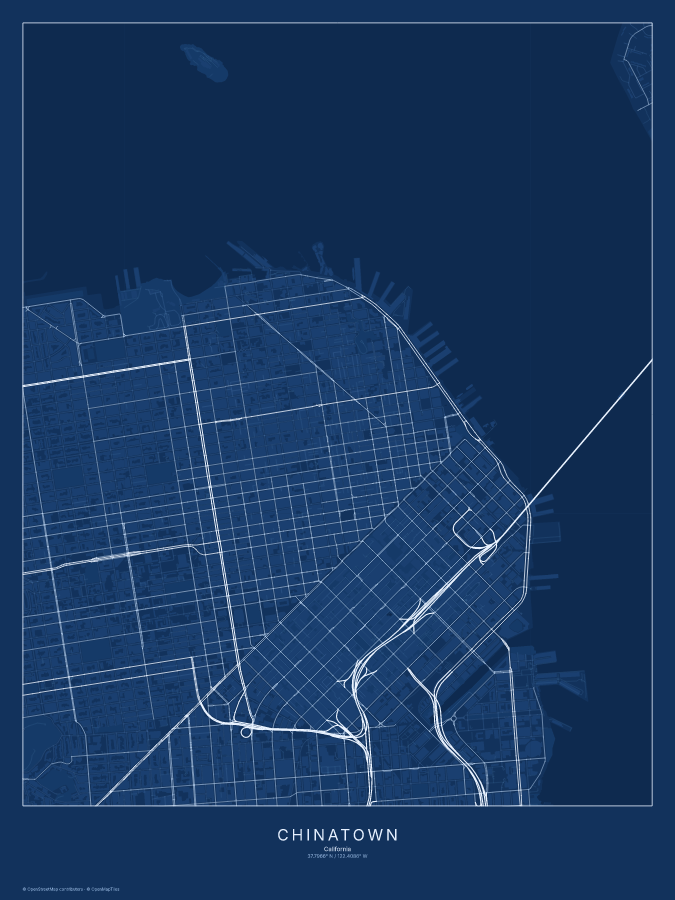 Chinatown map poster, blueprint style