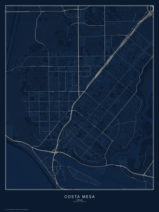Costa Mesa map poster, midnight style