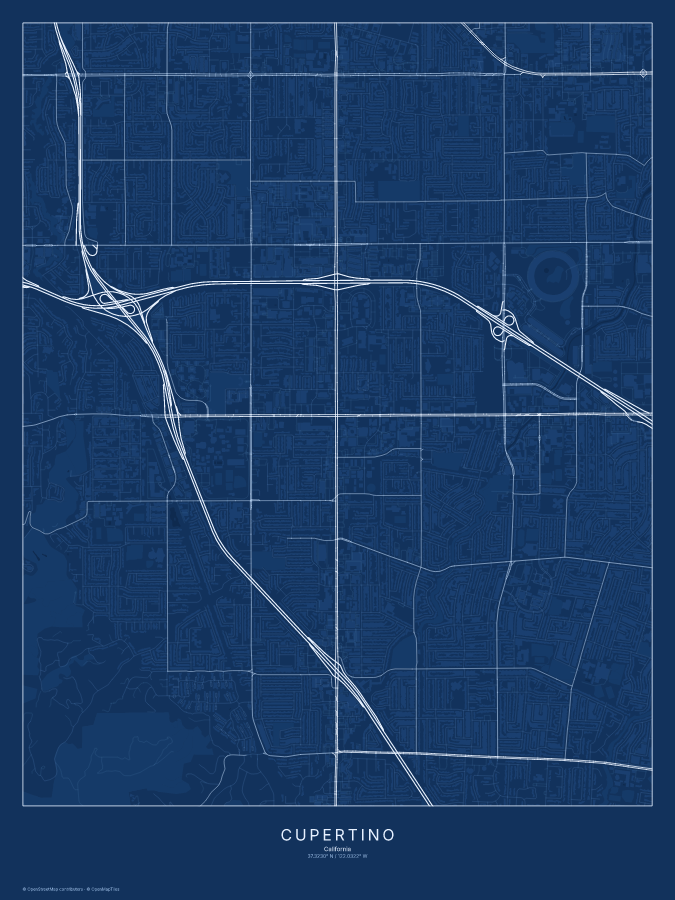 Cupertino map poster, blueprint style