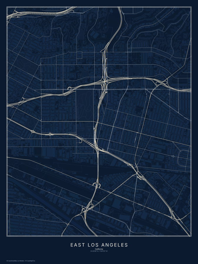 East Los Angeles map poster, midnight style