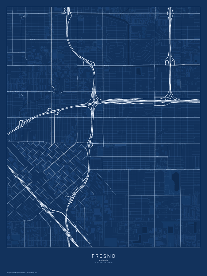Fresno map poster, blueprint style