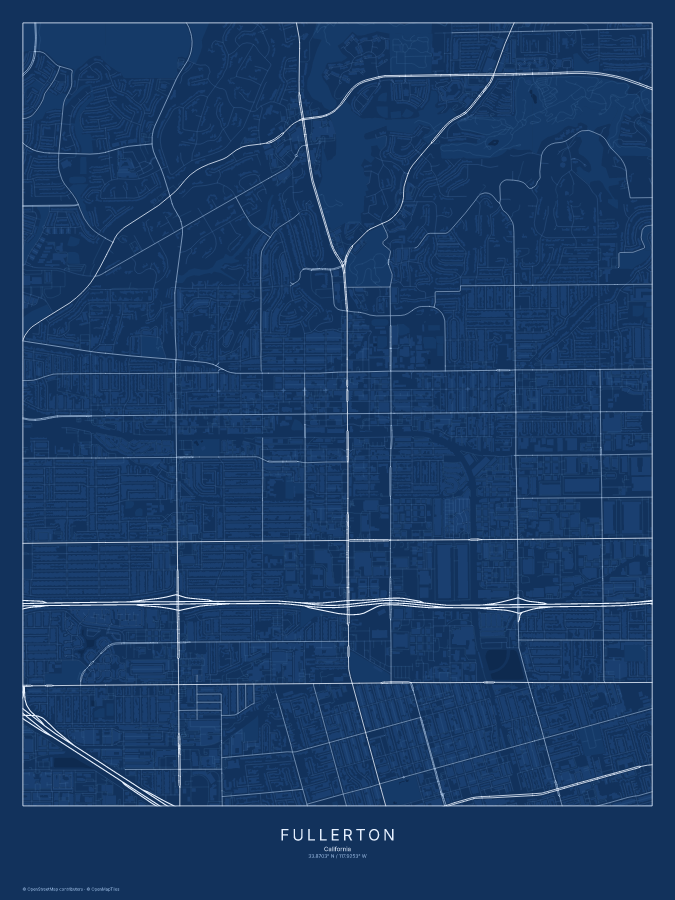Fullerton map poster, blueprint style