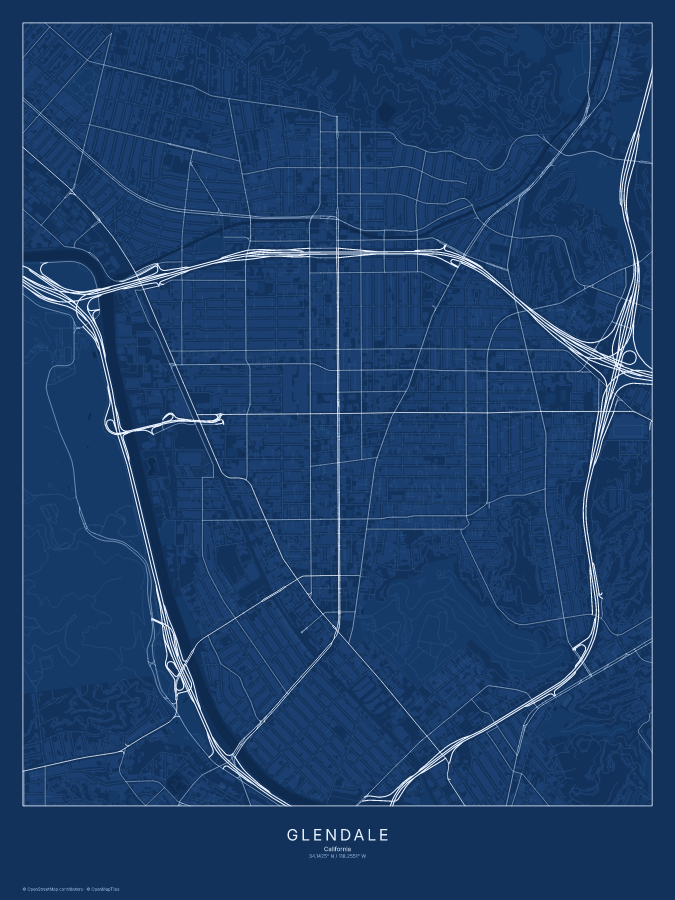 Glendale map poster, blueprint style