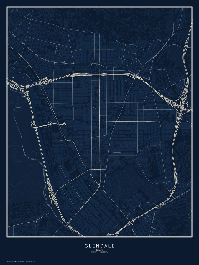 Glendale map poster, midnight style