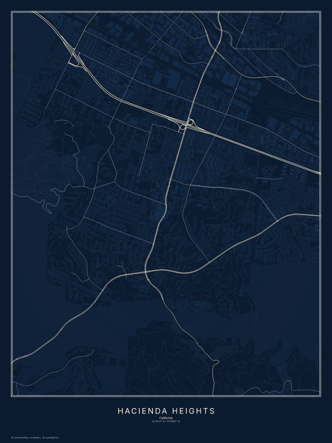 Hacienda Heights map poster, midnight style