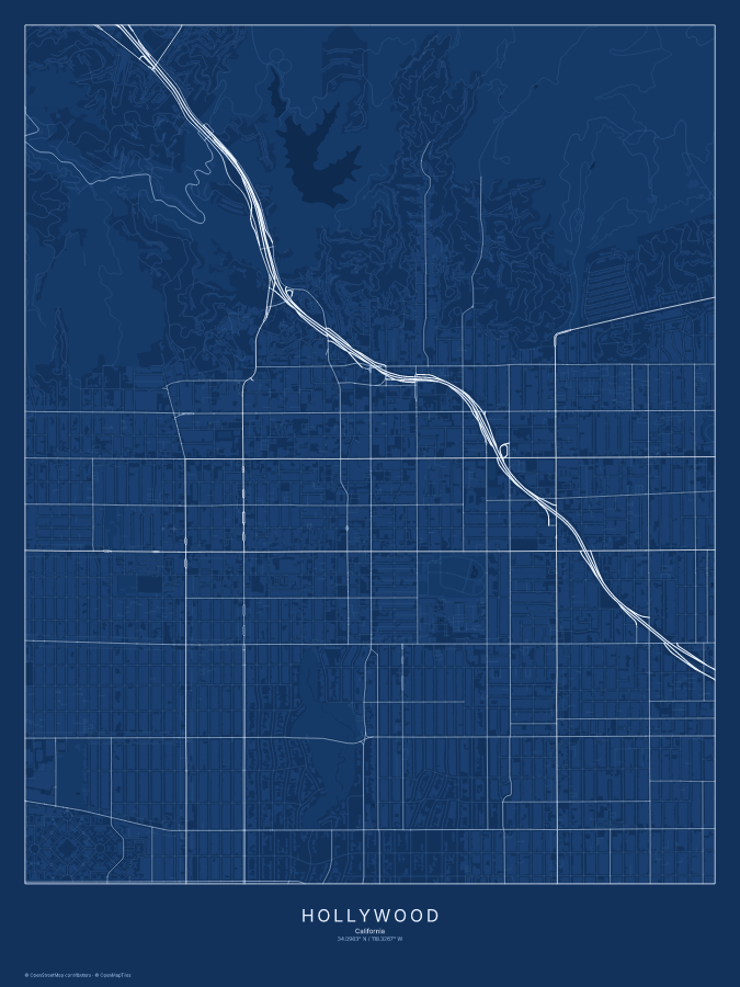 Hollywood map poster, blueprint style