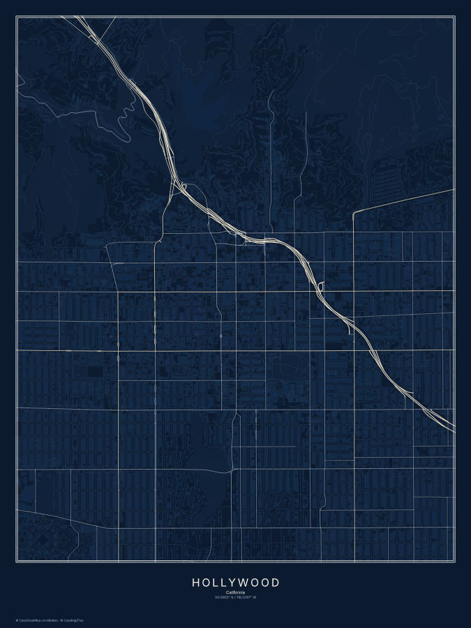 Hollywood map poster, midnight style
