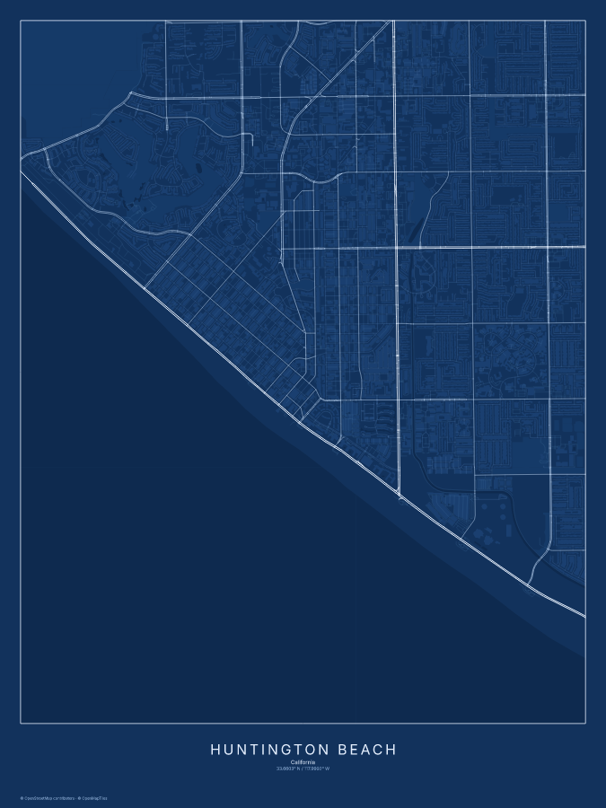 Huntington Beach map poster, blueprint style