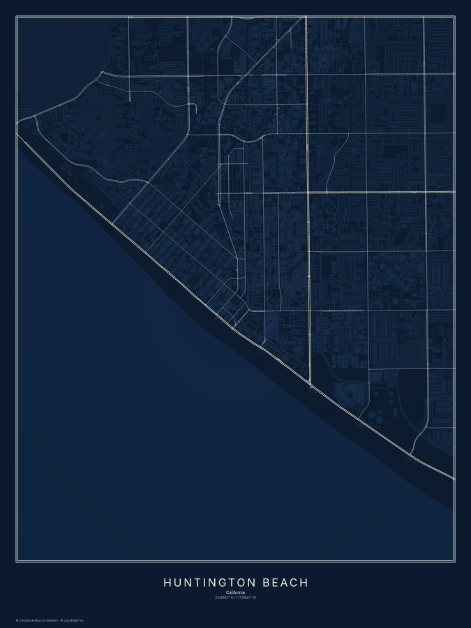 Huntington Beach map poster, midnight style