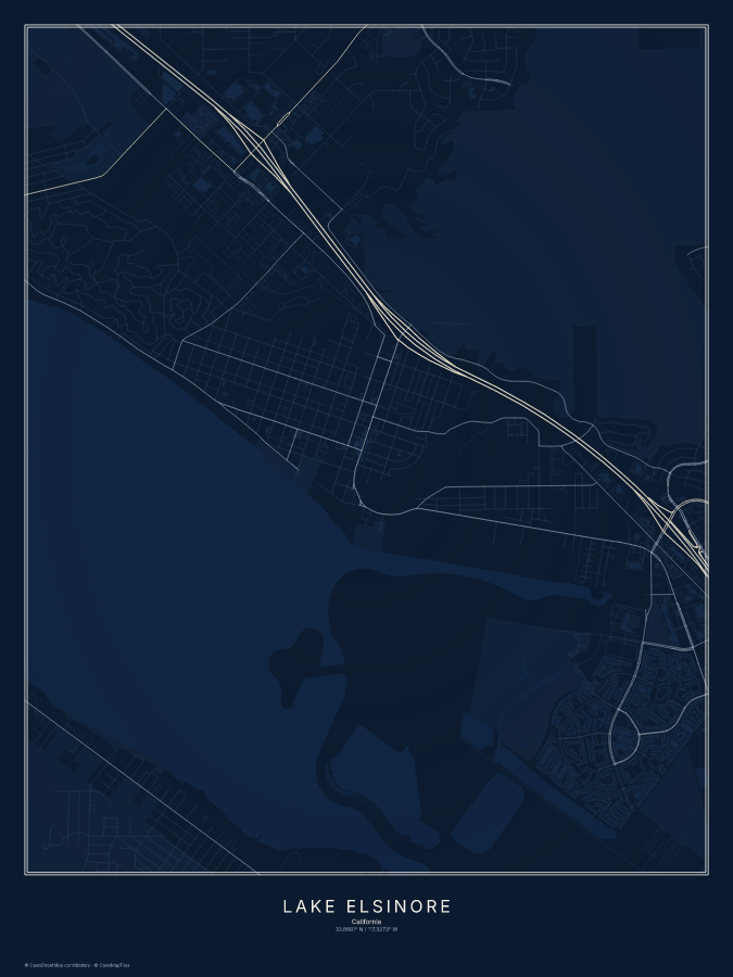 Lake Elsinore map poster, midnight style