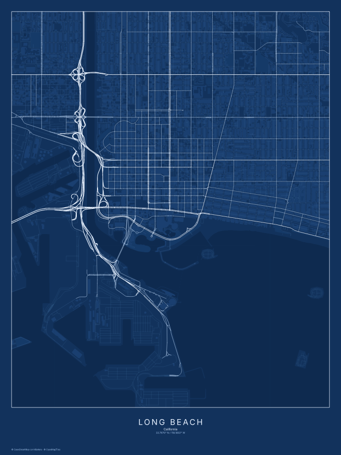 Long Beach map poster, blueprint style