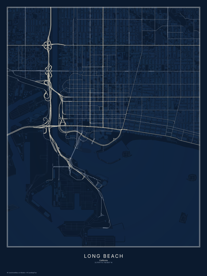 Long Beach map poster, midnight style