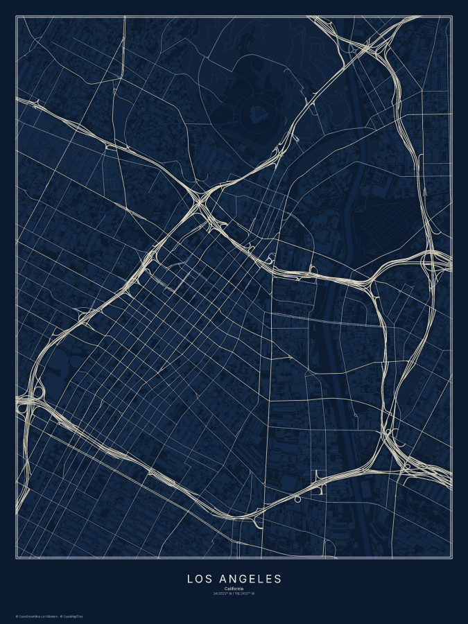 Los Angeles map poster, midnight style