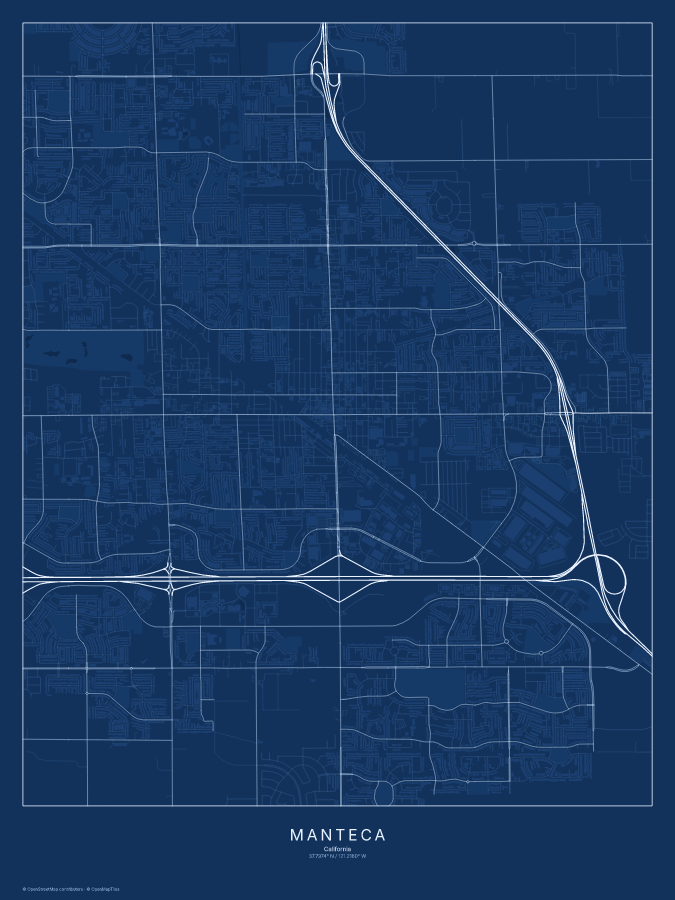 Manteca map poster, blueprint style