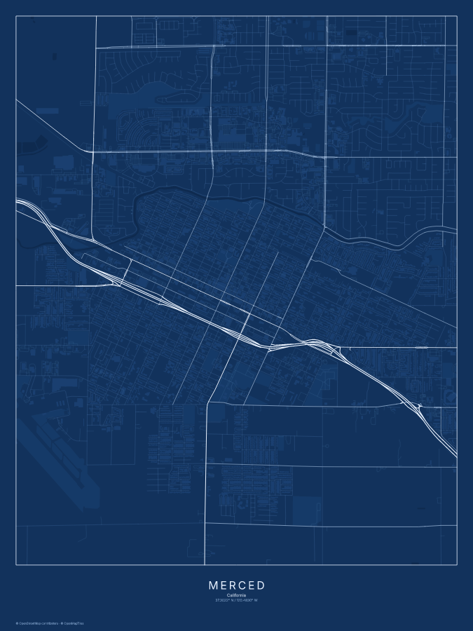 Merced map poster, blueprint style