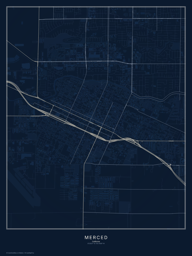 Merced map poster, midnight style