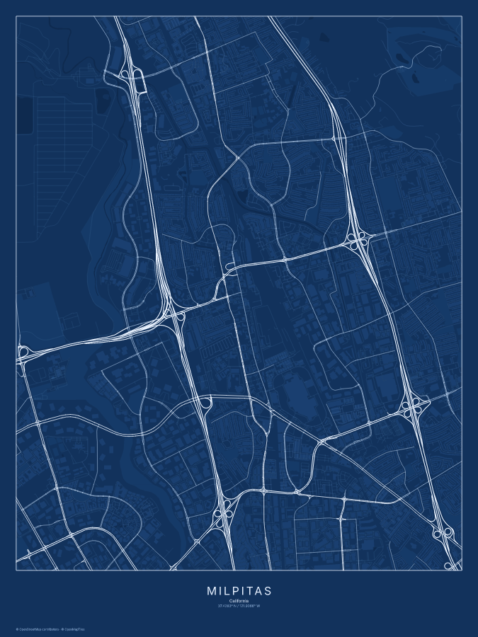 Milpitas map poster, blueprint style