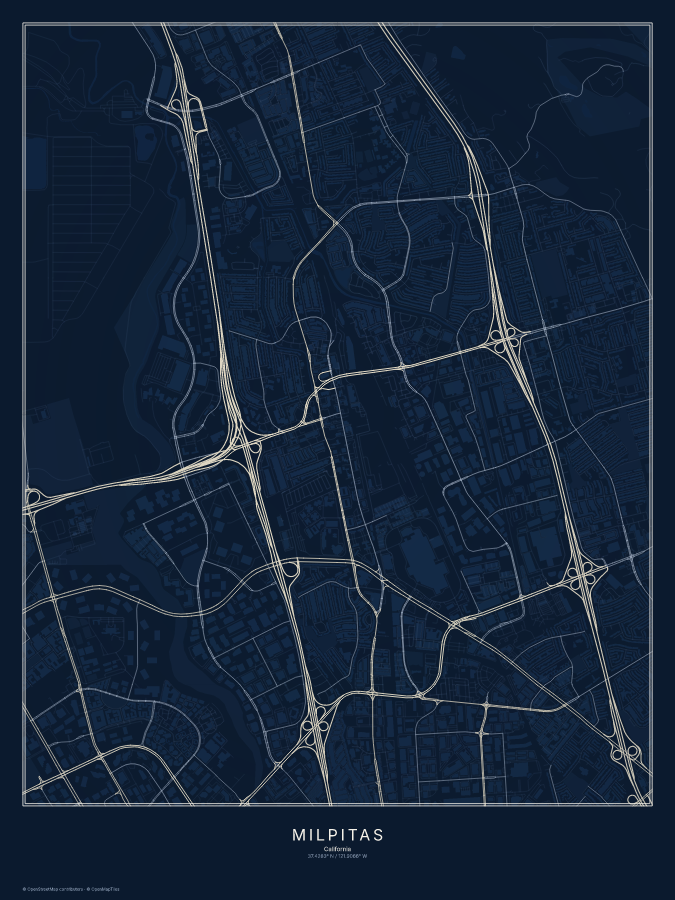 Milpitas map poster, midnight style