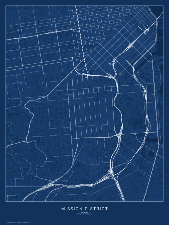 Mission District map poster, blueprint style