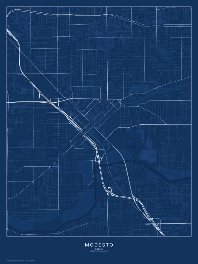 Modesto map poster, blueprint style