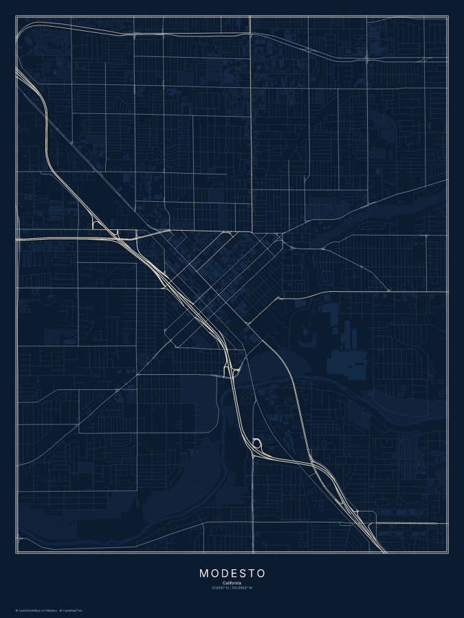Modesto map poster, midnight style
