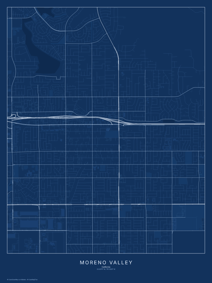 Moreno Valley map poster, blueprint style