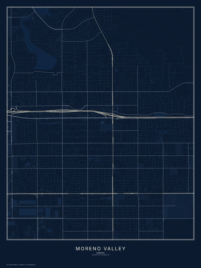 Moreno Valley map poster, midnight style