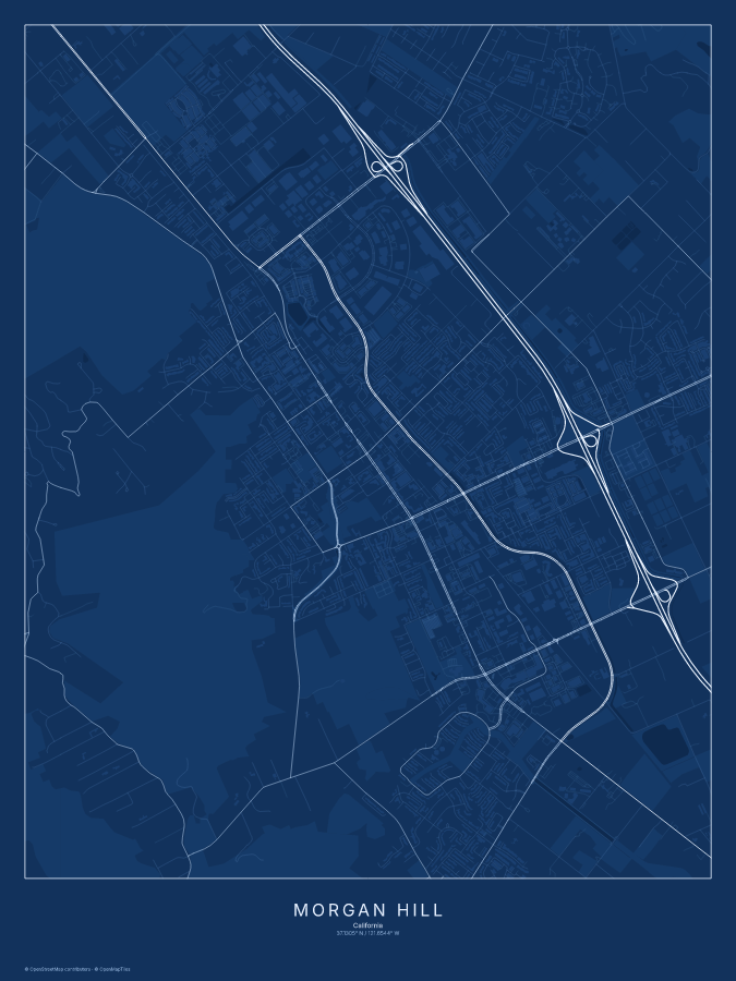 Morgan Hill map poster, blueprint style