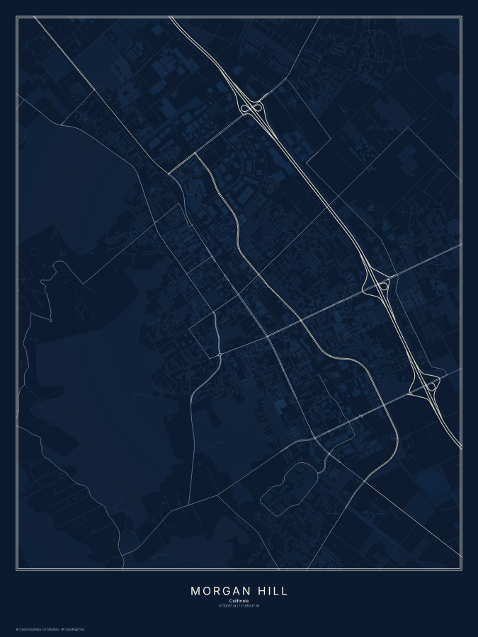 Morgan Hill map poster, midnight style