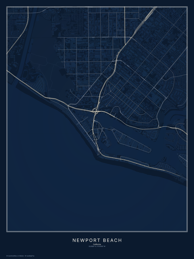 Newport Beach map poster, midnight style