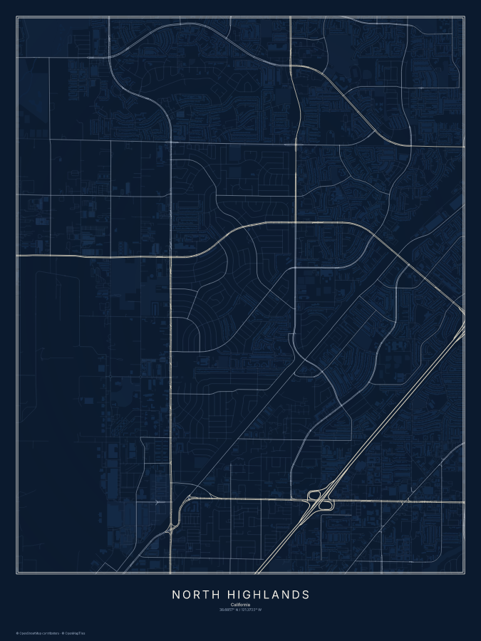 North Highlands map poster, midnight style