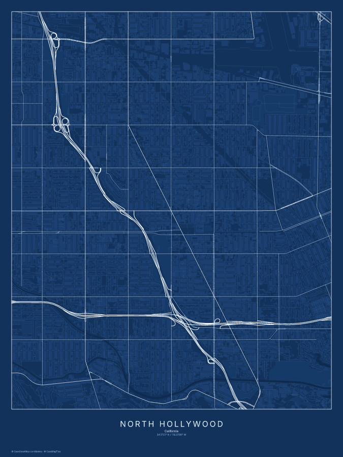 North Hollywood map poster, blueprint style