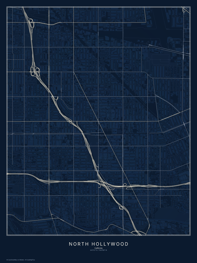 North Hollywood map poster, midnight style