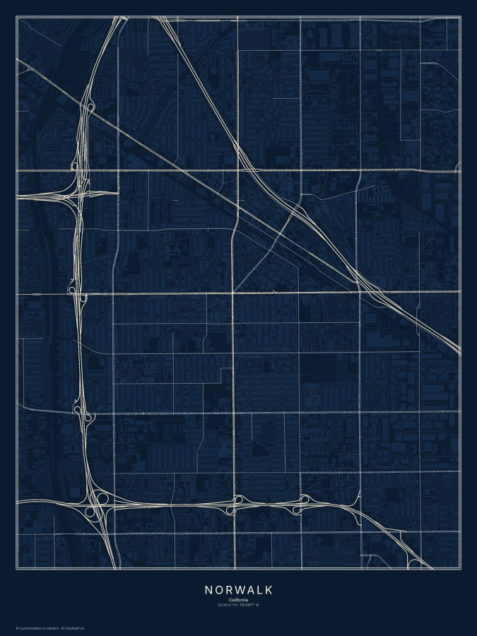 Norwalk map poster, midnight style