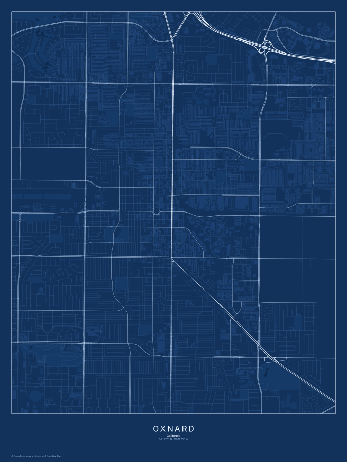 Oxnard map poster, blueprint style