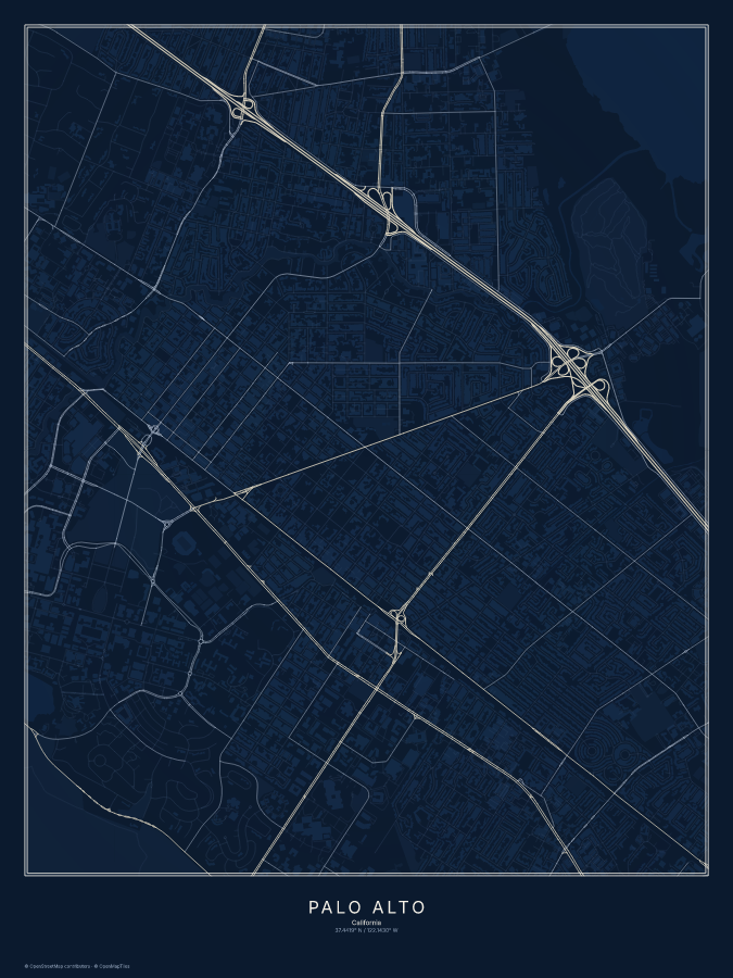 Palo Alto map poster, midnight style