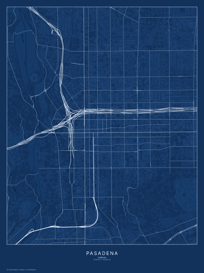 Pasadena map poster, blueprint style